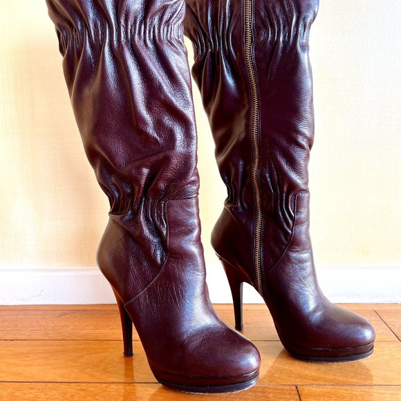 NWT MICHAEL KORS 'Webster' Coffee Scrunch Women's Nappa Leather Knee High Boots - Picture 2 of 10